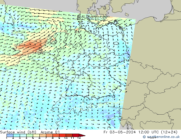 Bodenwind (bft) Arome 01 Fr 03.05.2024 12 UTC