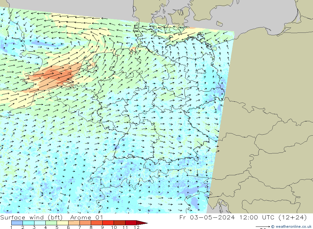 �N 10 米 (bft) Arome 01 星期五 03.05.2024 12 UTC