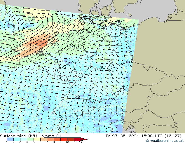 wiatr 10 m (bft) Arome 01 pt. 03.05.2024 15 UTC