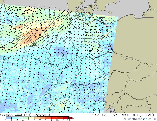 Vent 10 m (bft) Arome 01 ven 03.05.2024 18 UTC