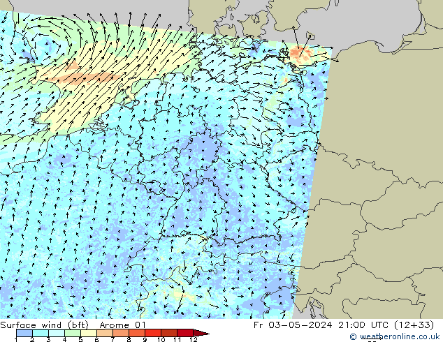 Wind 10 m (bft) Arome 01 vr 03.05.2024 21 UTC