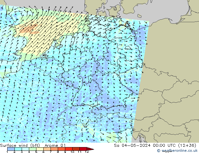 Wind 10 m (bft) Arome 01 za 04.05.2024 00 UTC