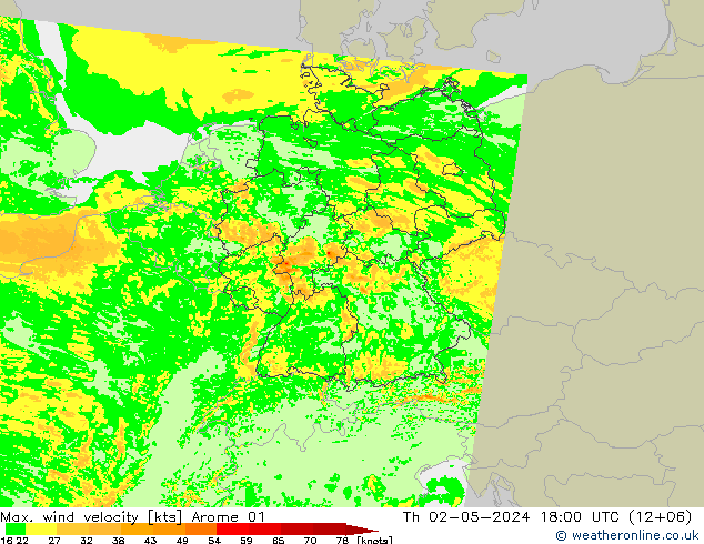 Max. wind velocity Arome 01 jue 02.05.2024 18 UTC