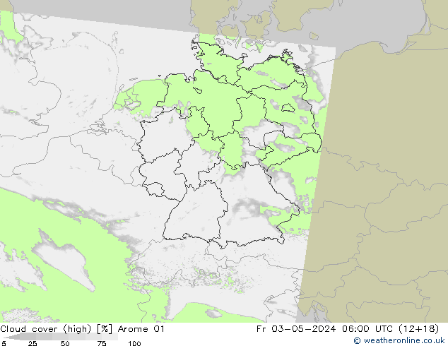 Cloud cover (high) Arome 01 Fr 03.05.2024 06 UTC