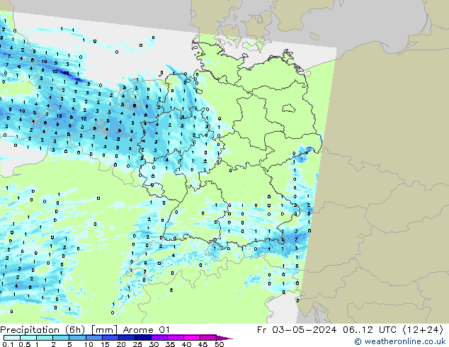 Yağış (6h) Arome 01 Cu 03.05.2024 12 UTC