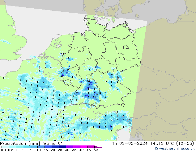 Srážky Arome 01 Čt 02.05.2024 15 UTC