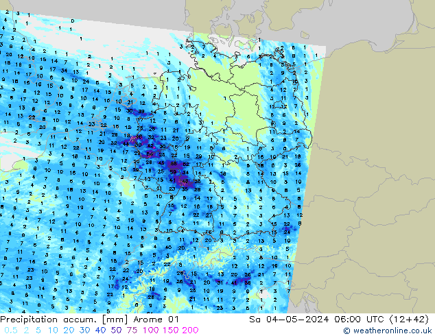 Totale neerslag Arome 01 za 04.05.2024 06 UTC