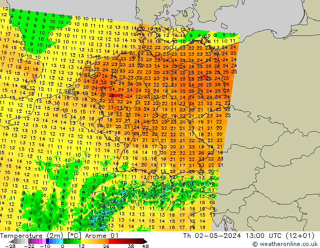 Temperatura (2m) Arome 01 jue 02.05.2024 13 UTC