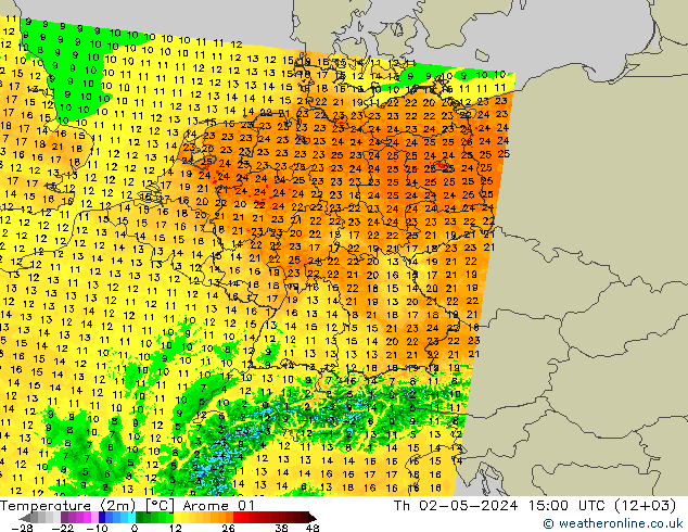 Temperaturkarte (2m) Arome 01 Do 02.05.2024 15 UTC