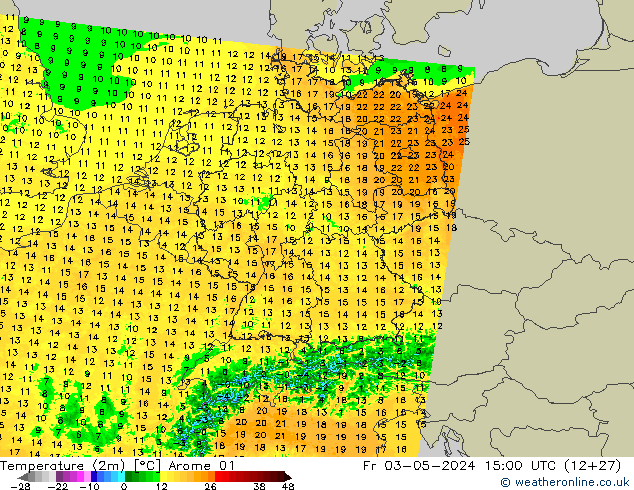 Temperatuurkaart (2m) Arome 01 vr 03.05.2024 15 UTC