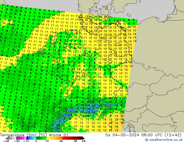 Temperatura (2m) Arome 01 sáb 04.05.2024 06 UTC