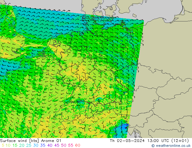 Surface wind Arome 01 Th 02.05.2024 13 UTC