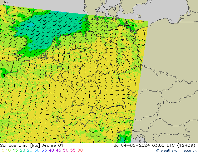 wiatr 10 m Arome 01 so. 04.05.2024 03 UTC