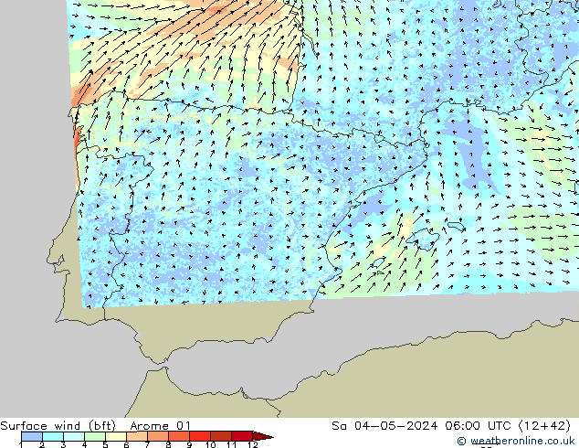 Viento 10 m (bft) Arome 01 sáb 04.05.2024 06 UTC