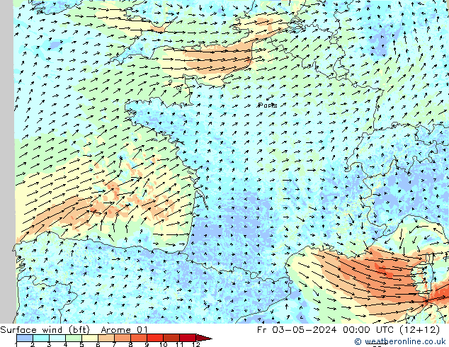 Surface wind (bft) Arome 01 Fr 03.05.2024 00 UTC