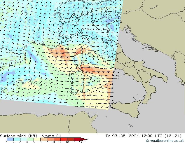 Surface wind (bft) Arome 01 Fr 03.05.2024 12 UTC