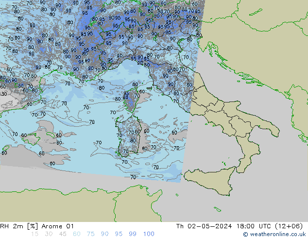 RH 2m Arome 01 Čt 02.05.2024 18 UTC