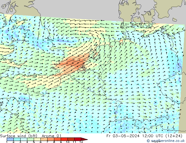 Surface wind (bft) Arome 01 Pá 03.05.2024 12 UTC