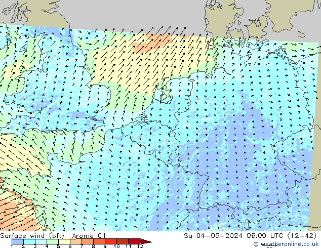 Wind 10 m (bft) Arome 01 za 04.05.2024 06 UTC