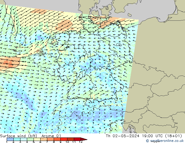 Wind 10 m (bft) Arome 01 do 02.05.2024 19 UTC