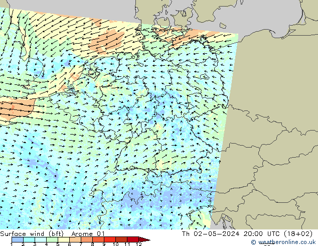 Bodenwind (bft) Arome 01 Do 02.05.2024 20 UTC