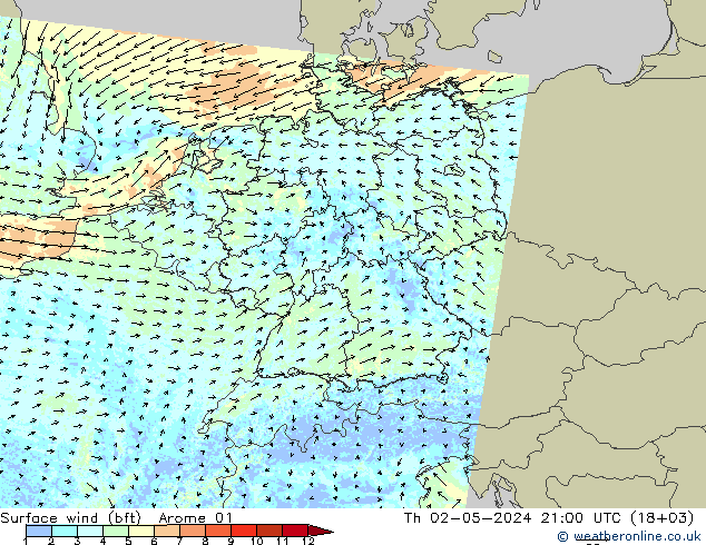 Viento 10 m (bft) Arome 01 jue 02.05.2024 21 UTC