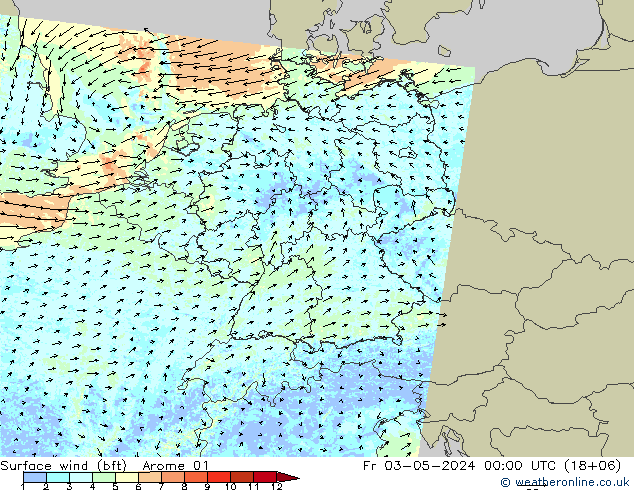 Wind 10 m (bft) Arome 01 vr 03.05.2024 00 UTC
