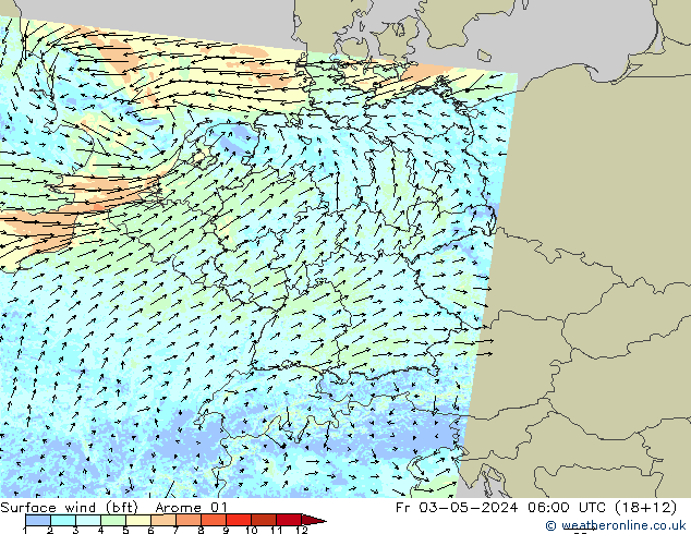 wiatr 10 m (bft) Arome 01 pt. 03.05.2024 06 UTC