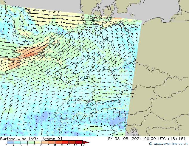 Surface wind (bft) Arome 01 Fr 03.05.2024 09 UTC