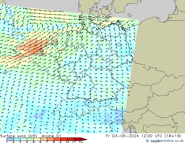 Wind 10 m (bft) Arome 01 vr 03.05.2024 12 UTC