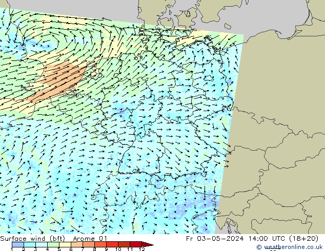 Surface wind (bft) Arome 01 Fr 03.05.2024 14 UTC