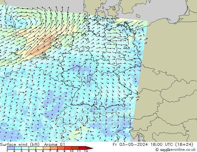 Surface wind (bft) Arome 01 Fr 03.05.2024 18 UTC