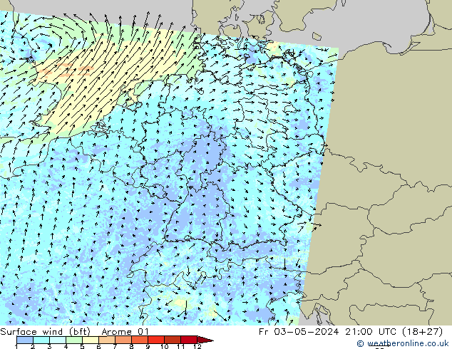 Surface wind (bft) Arome 01 Pá 03.05.2024 21 UTC