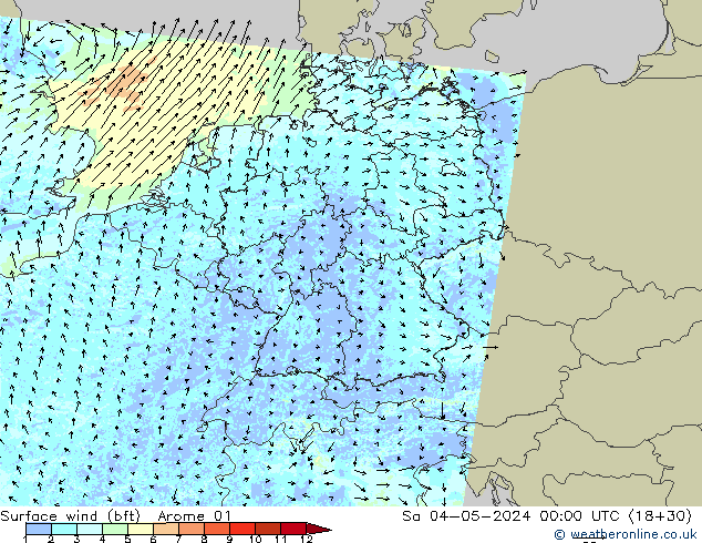 Vento 10 m (bft) Arome 01 Sáb 04.05.2024 00 UTC