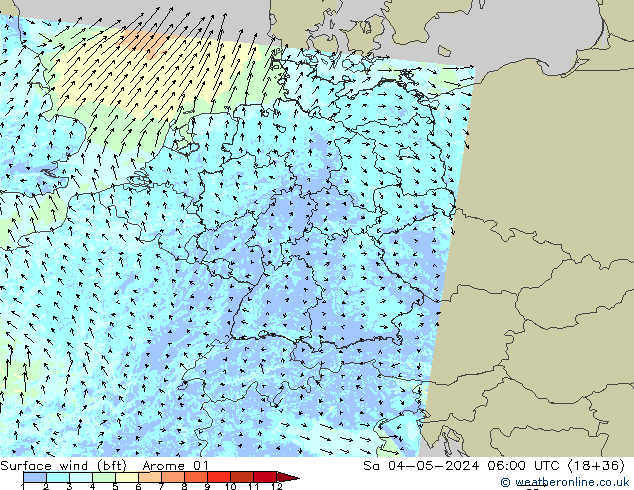 Vento 10 m (bft) Arome 01 Sáb 04.05.2024 06 UTC