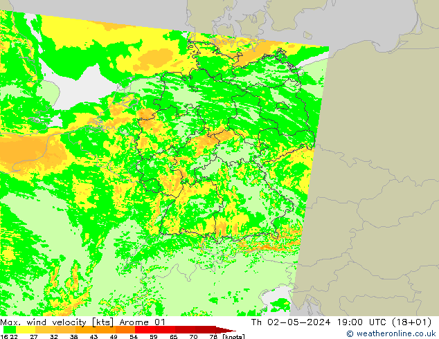 Max. wind velocity Arome 01 Th 02.05.2024 19 UTC