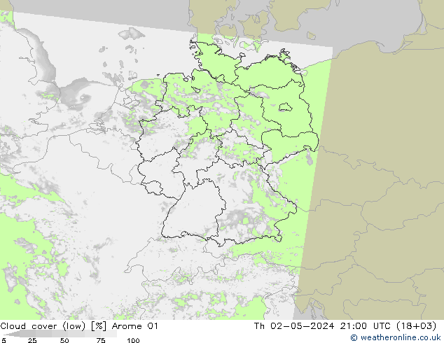 Nuages (bas) Arome 01 jeu 02.05.2024 21 UTC