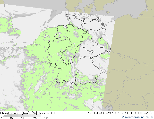 Bewolking (Laag) Arome 01 za 04.05.2024 06 UTC
