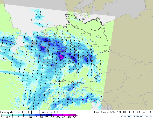 Precipitación (6h) Arome 01 vie 03.05.2024 00 UTC