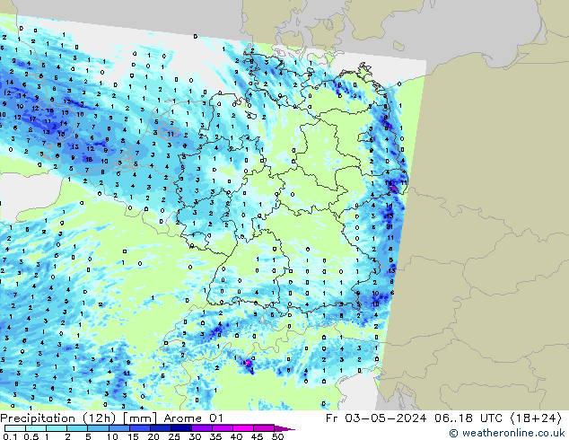 降水量 (12h) Arome 01 星期五 03.05.2024 18 UTC