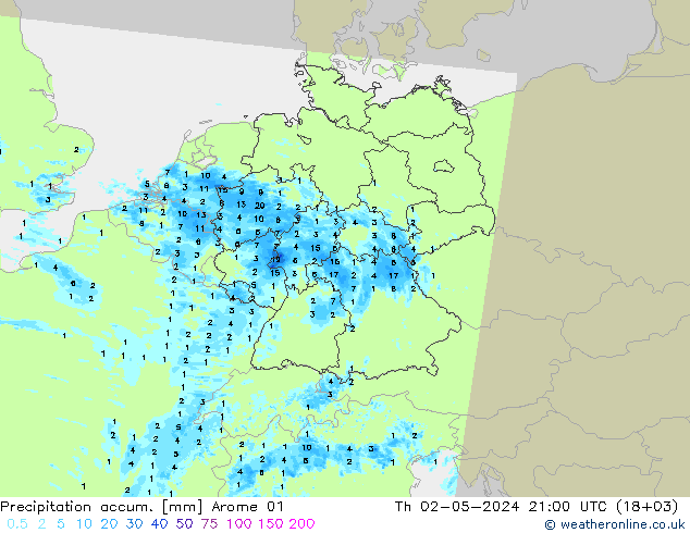Precipitation accum. Arome 01 Th 02.05.2024 21 UTC