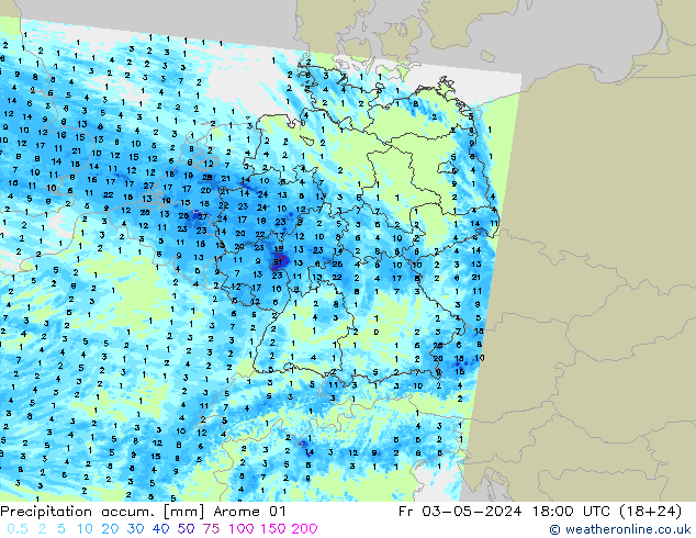 Precipitation accum. Arome 01 Fr 03.05.2024 18 UTC