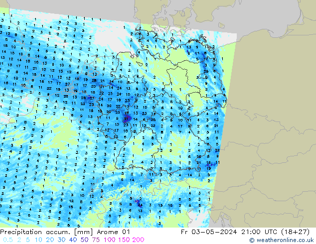 Totale neerslag Arome 01 vr 03.05.2024 21 UTC