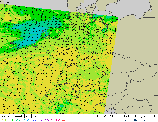 Surface wind Arome 01 Pá 03.05.2024 18 UTC