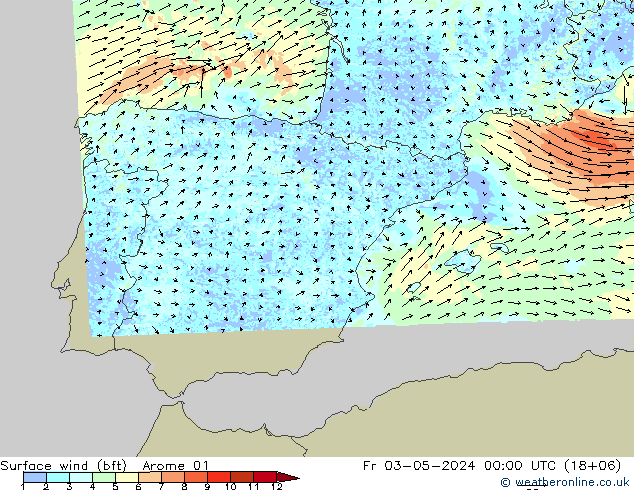 Surface wind (bft) Arome 01 Fr 03.05.2024 00 UTC