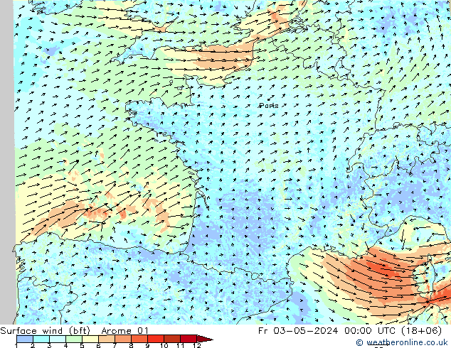 wiatr 10 m (bft) Arome 01 pt. 03.05.2024 00 UTC
