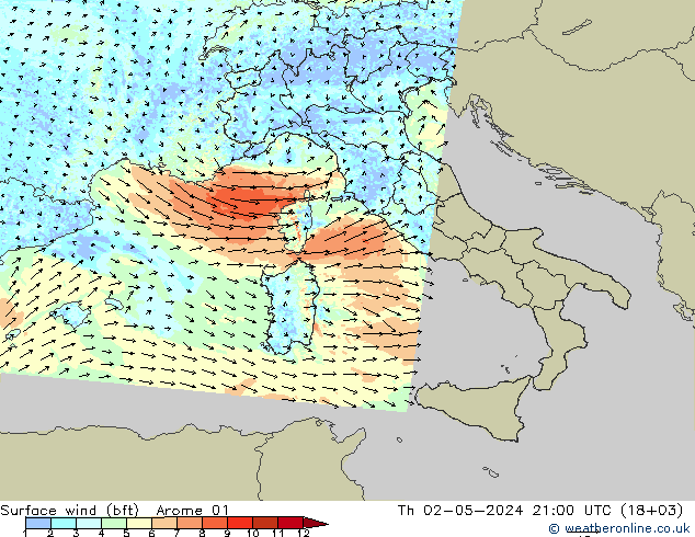 Wind 10 m (bft) Arome 01 do 02.05.2024 21 UTC