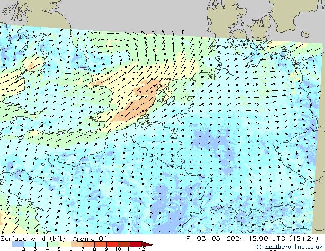 Surface wind (bft) Arome 01 Pá 03.05.2024 18 UTC