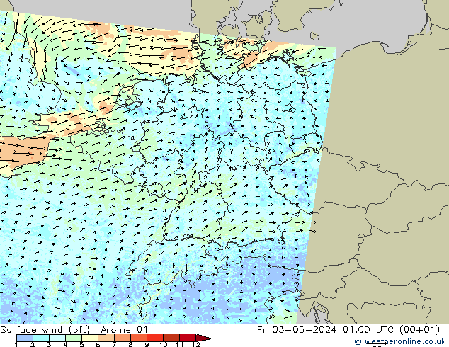 �N 10 米 (bft) Arome 01 星期五 03.05.2024 01 UTC