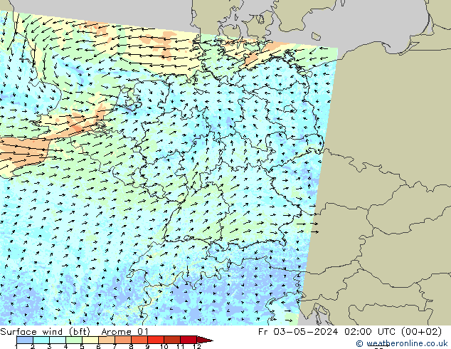 Surface wind (bft) Arome 01 Fr 03.05.2024 02 UTC
